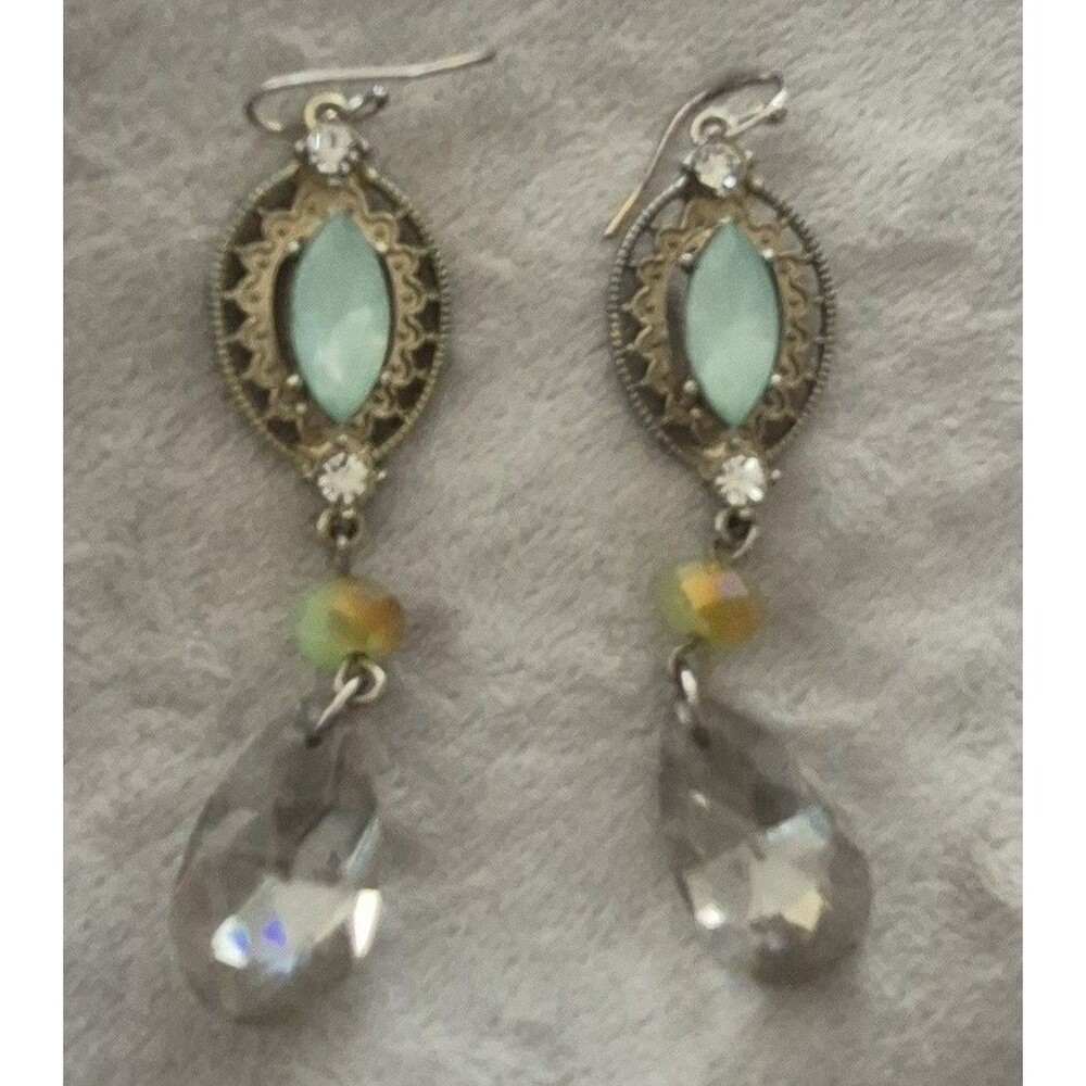 Green Opalescent Earring   Acrylic Dangle  Pierced Gold Tone Rhinestone Accents